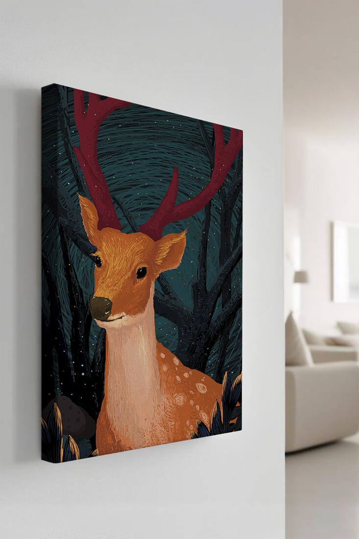 Ilustración de un majestuoso ciervo en un bosque místico