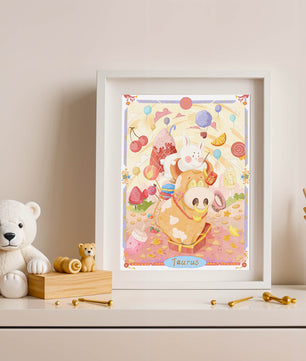 A whimsical Taurus zodiac illustration with playful animals and sweet treats