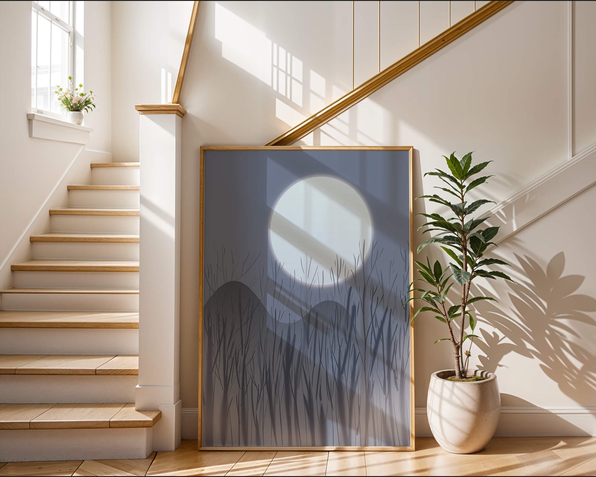 Ruhige Nachtlandschaft mit Vollmond und kahlen Bäumen