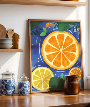 Rodajas de cítricos coloridas sobre fondo azul con hojas tropicales