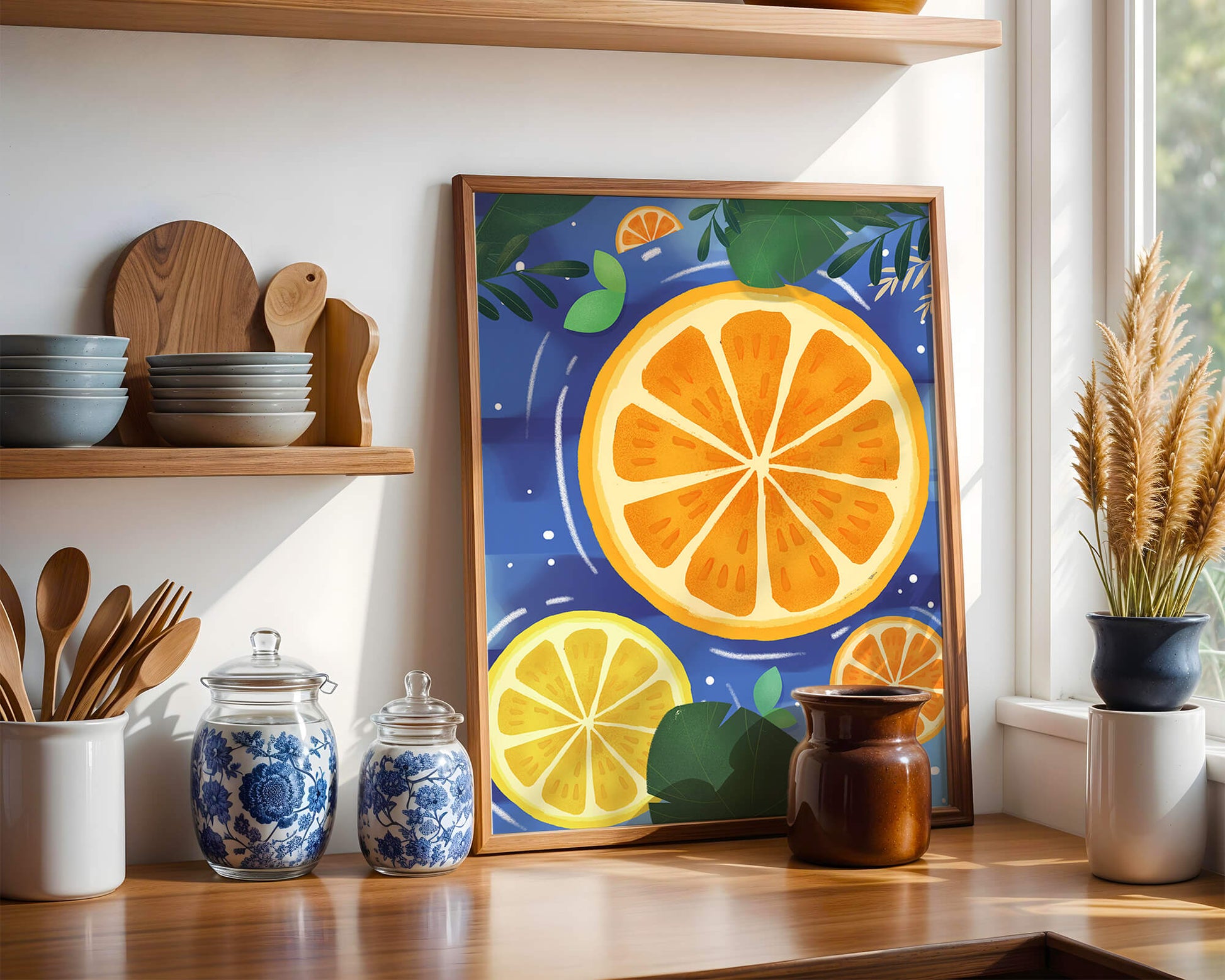 Rodajas de cítricos coloridas sobre fondo azul con hojas tropicales