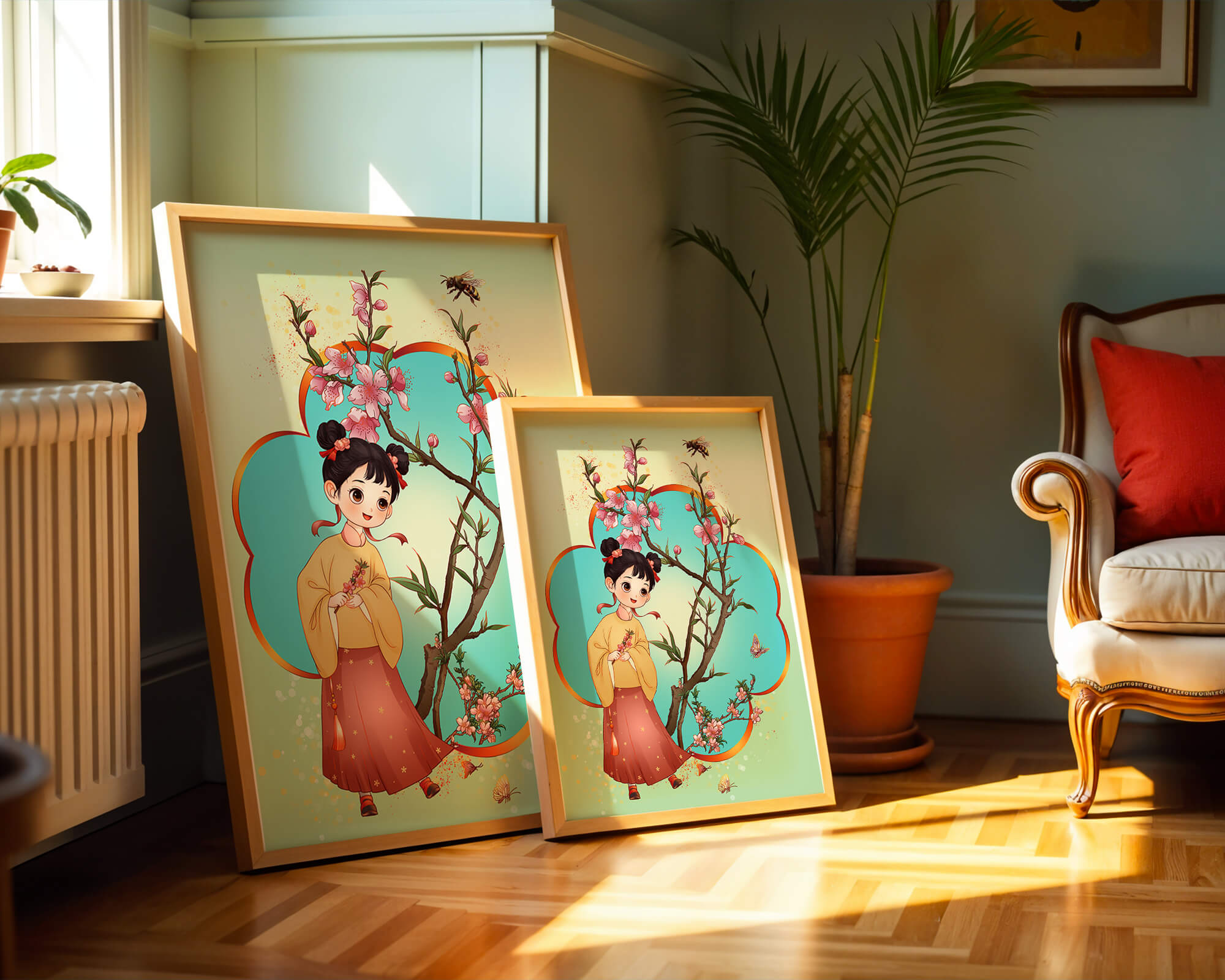 Illustration of a girl with cherry blossoms and butterflies