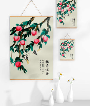 Delicate illustration of peach tree with birds and calligraphy