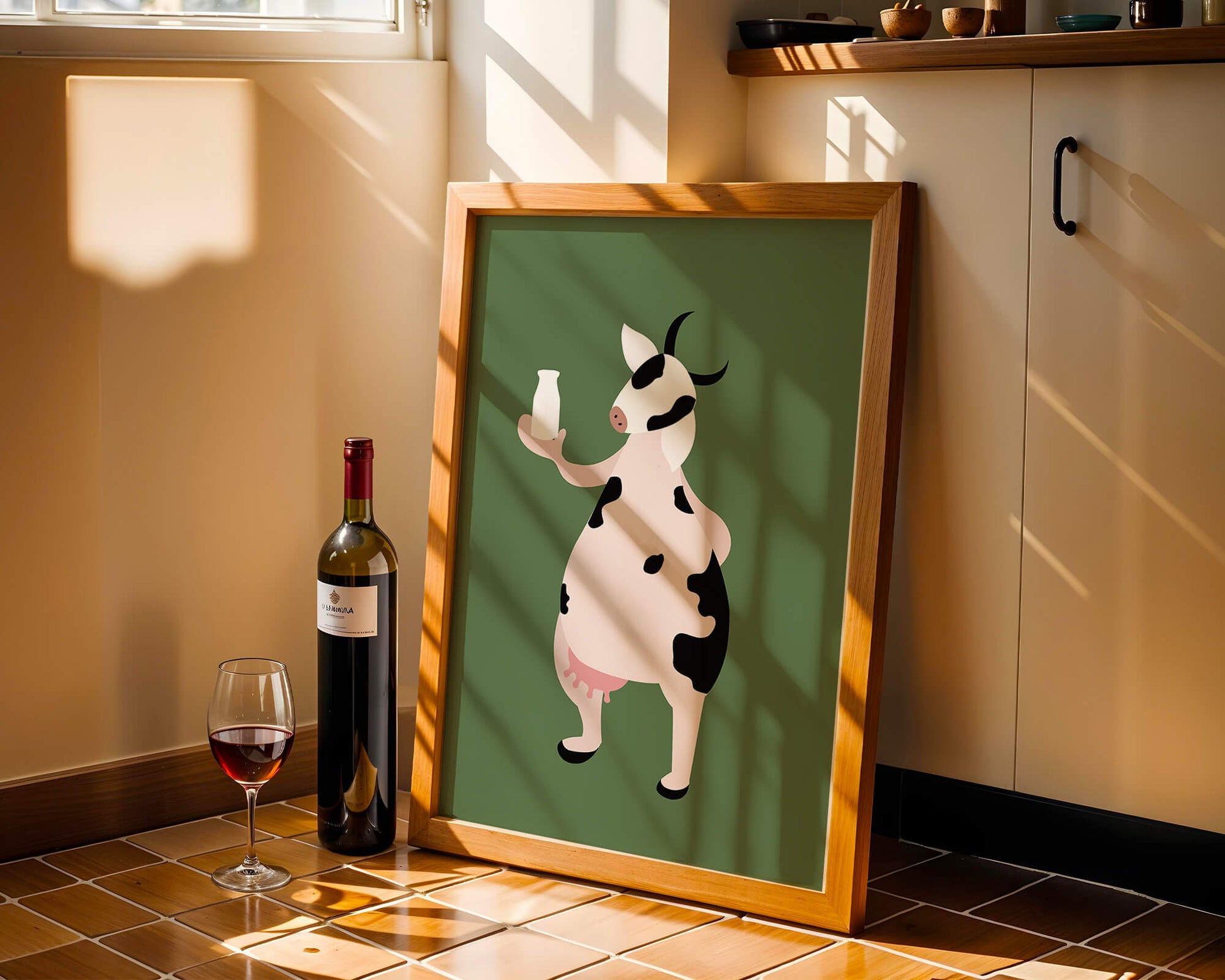 Illustration of anthropomorphic cow holding a milk bottle on green background