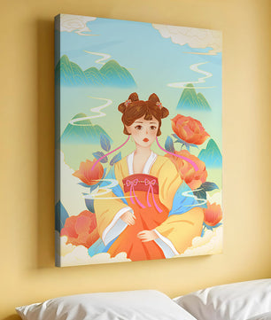 Traditional Asian Art with Woman in Hanfu Surrounded by Mountains and Peonies