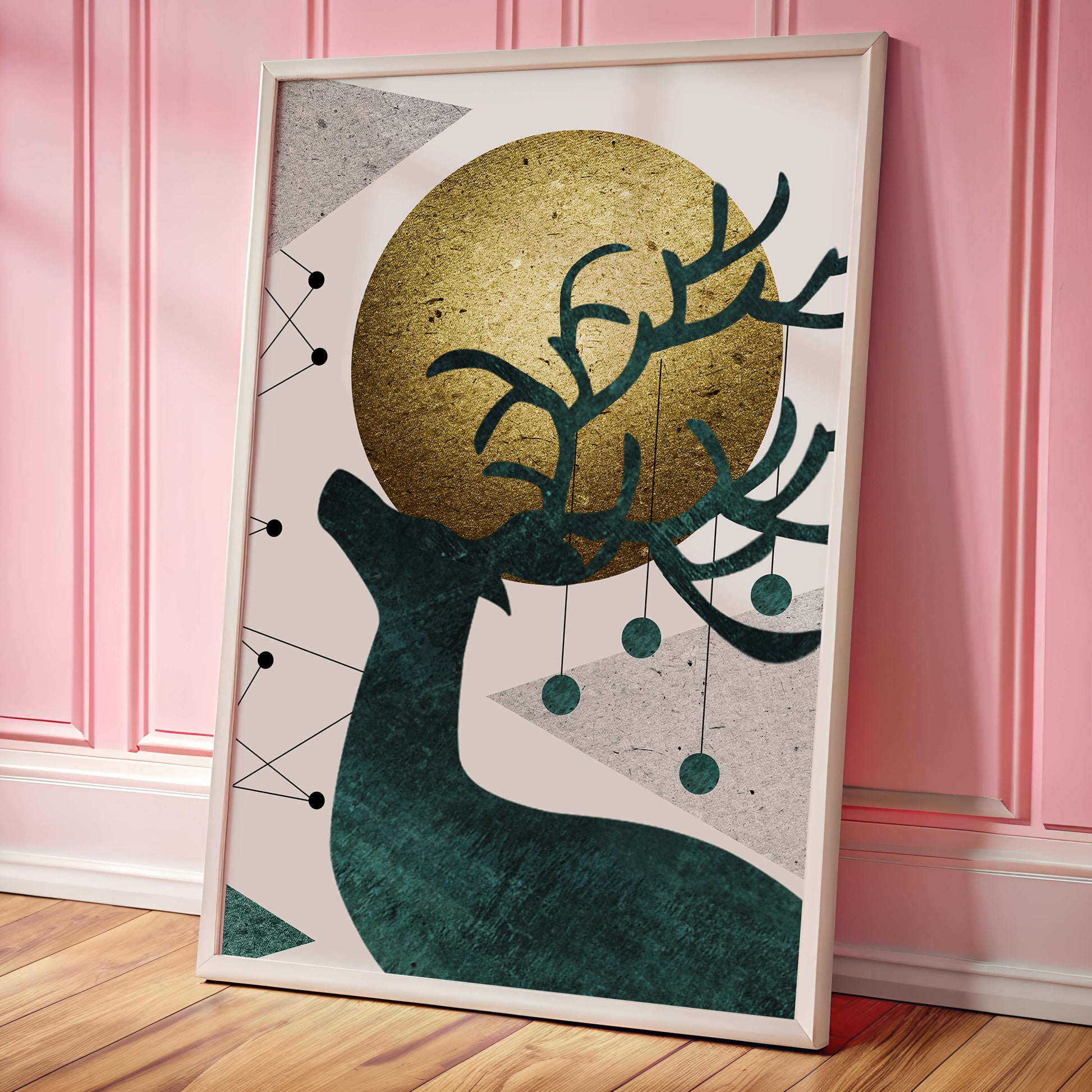 Abstract Geometric Deer with Gold Circle and Modern Design