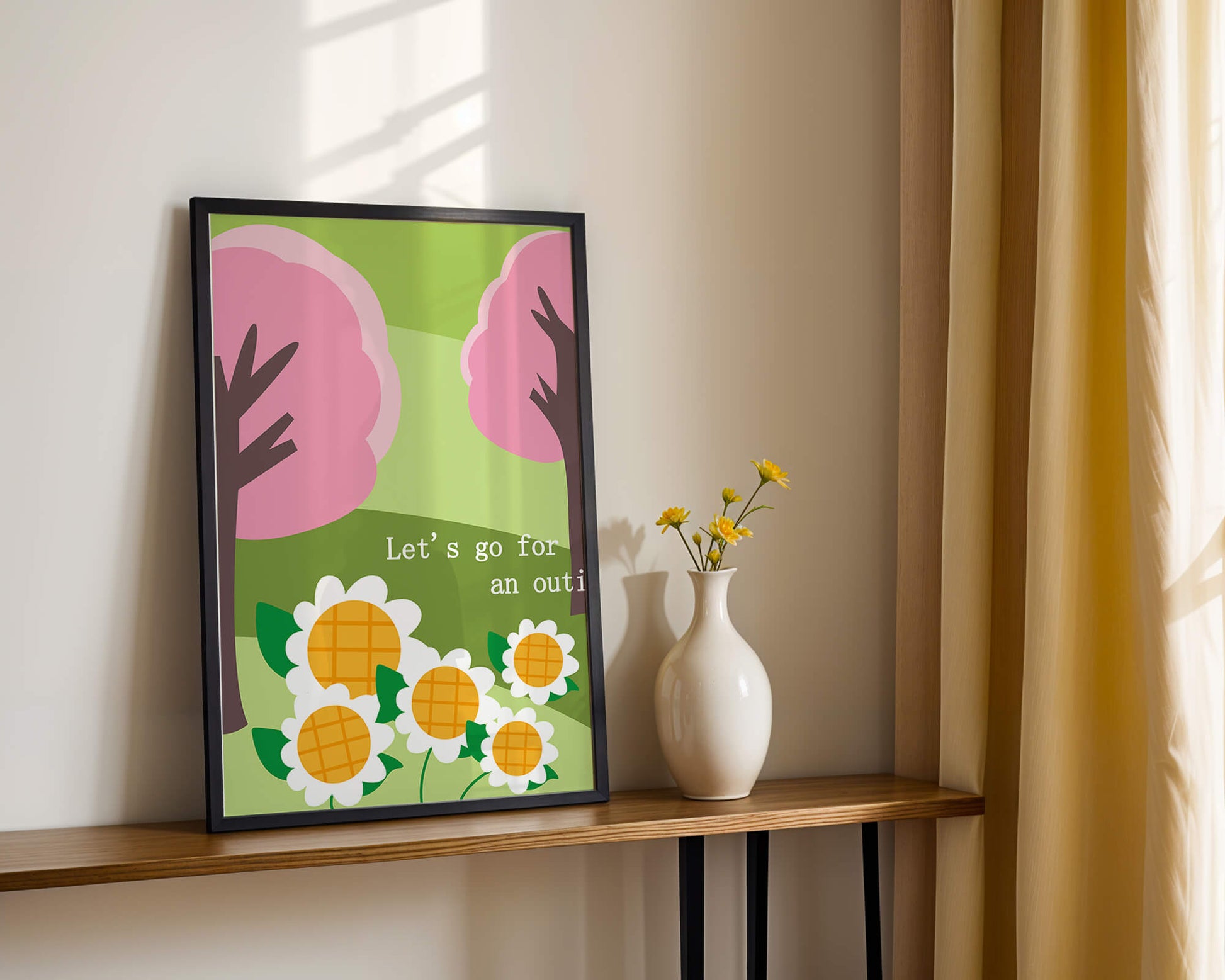 Charming spring landscape with pink trees and daisies