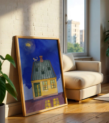 Charming Nighttime House with a Cat on the Roof Under the Moon