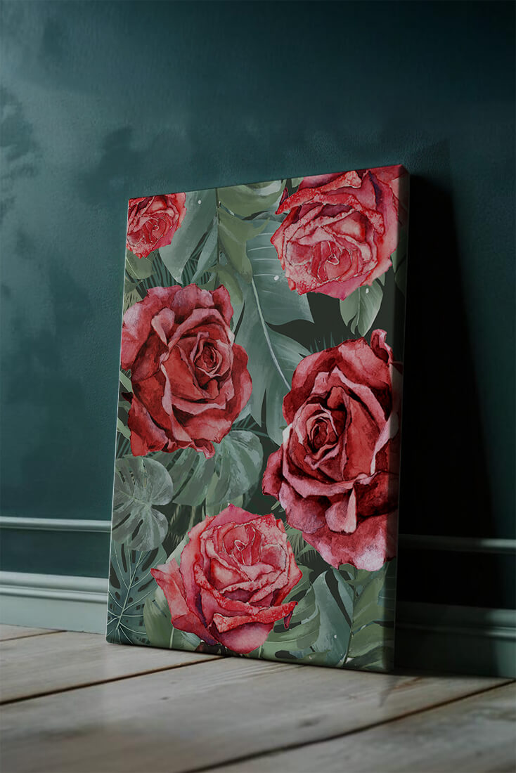Red roses and green foliage pattern in watercolor style