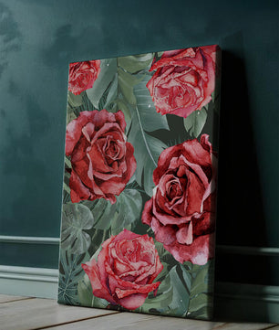 Red roses and green foliage pattern in watercolor style