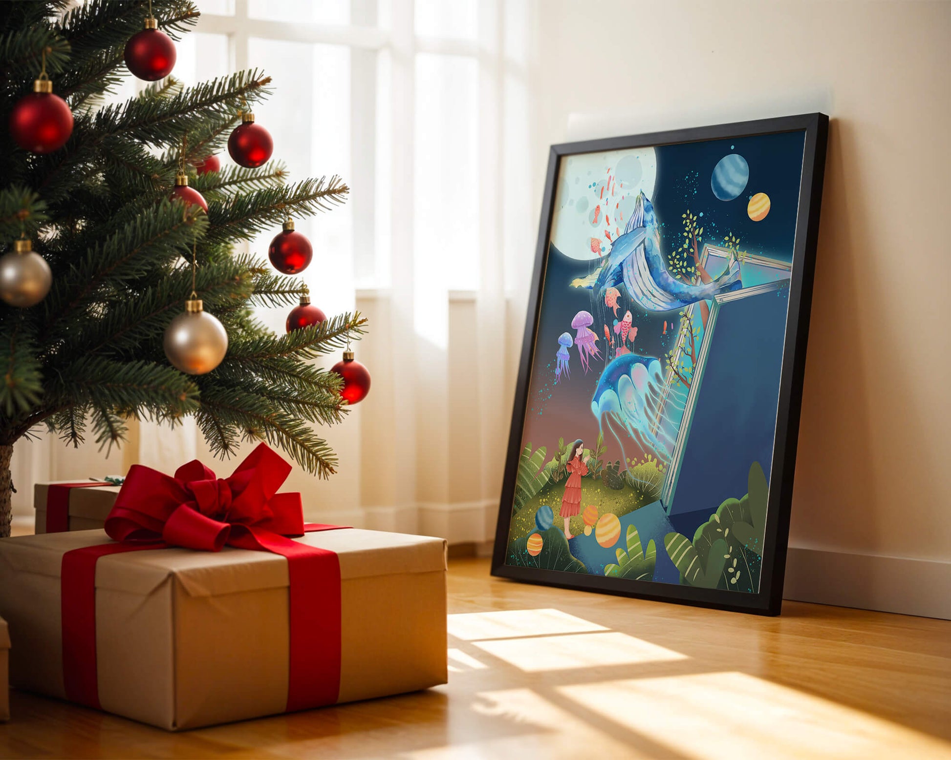 Surreal Ocean Life Emerging From a Book in a Dreamlike Forest Scene