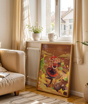 Festive anime character surrounded by gifts and holiday decor