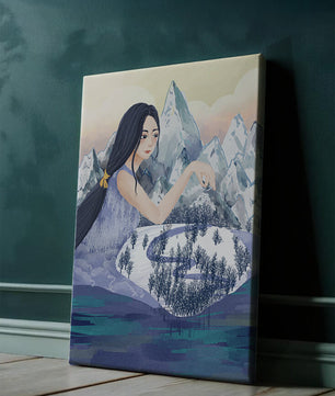 Majestic Woman Overlooking Snowy Mountain Landscape