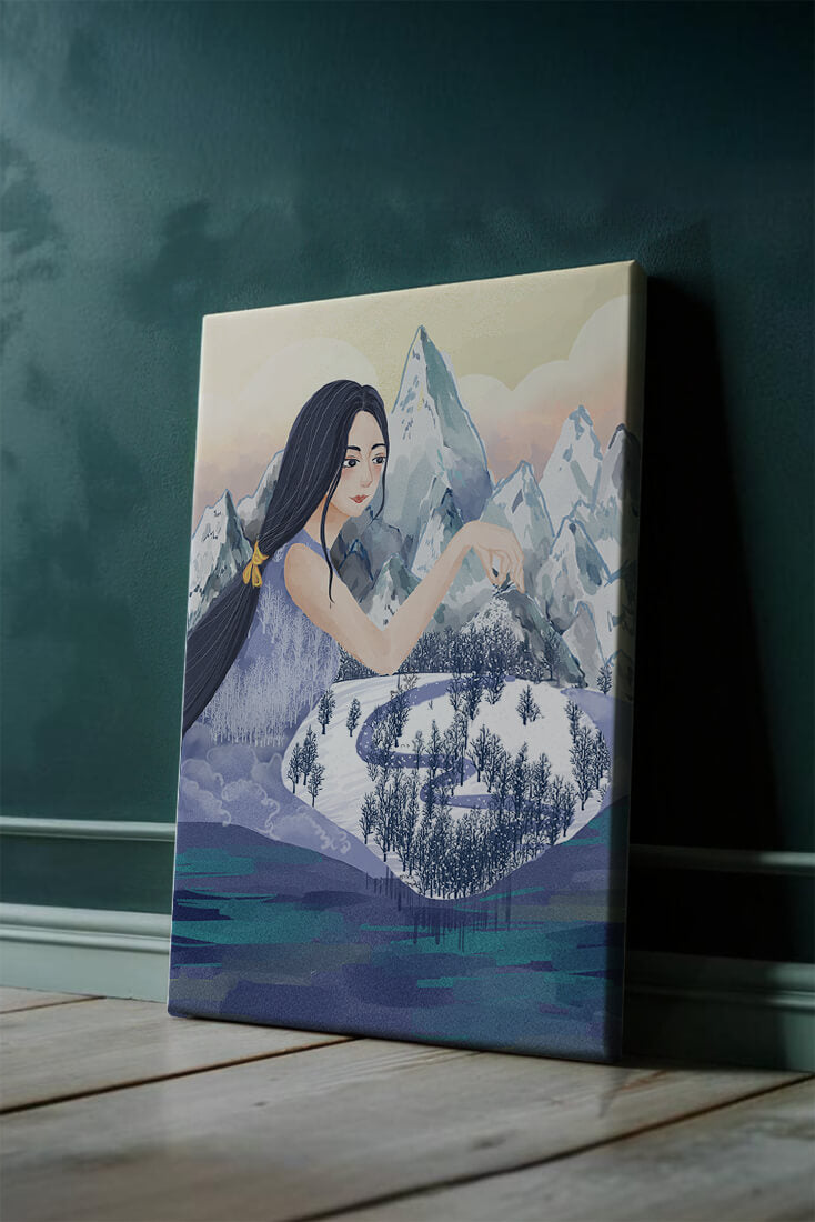 Majestic Woman Overlooking Snowy Mountain Landscape