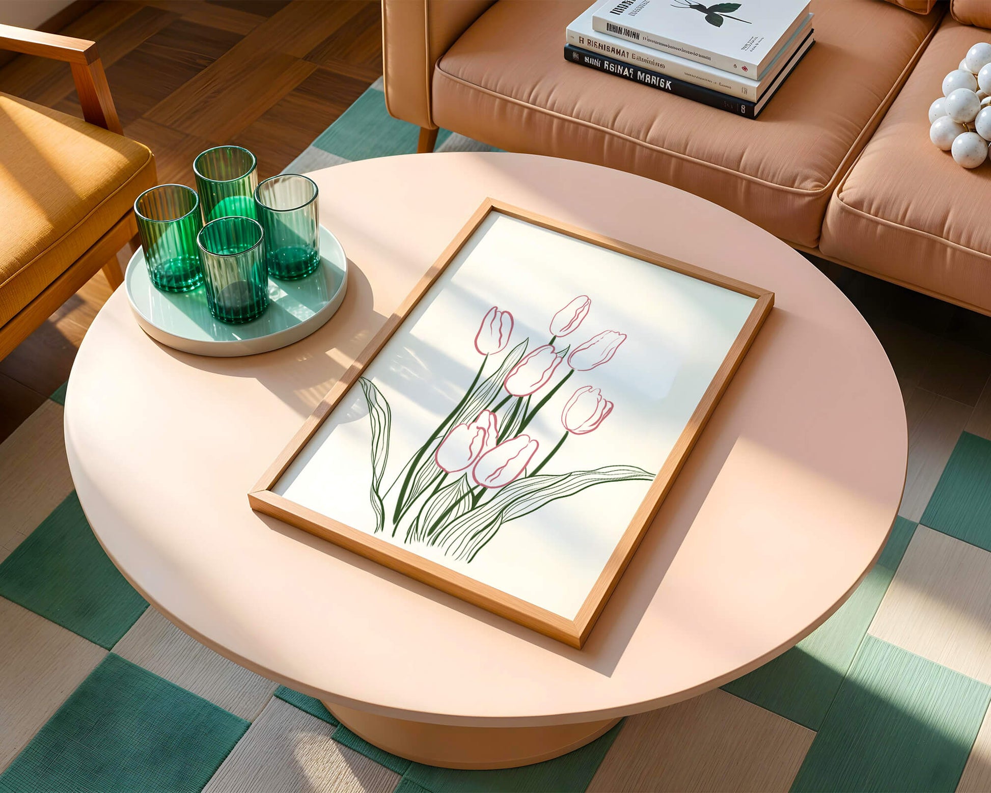 Wunderschöne rosa Tulpen mit grünen Blättern auf einer minimalistischen Leinwand