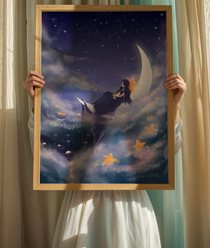 Cielo nocturno soñador con una niña sentada en una luna creciente rodeada de estrellas