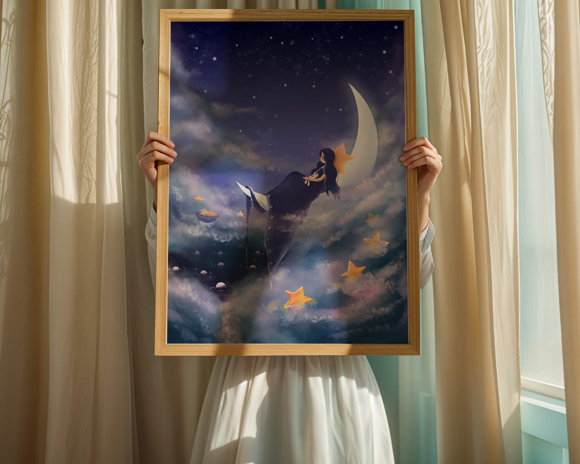 Dreamy night sky with girl sitting on crescent moon surrounded by stars