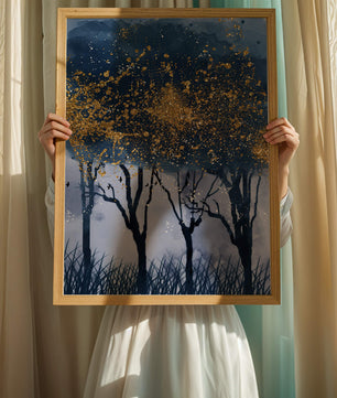 Mystical forest landscape with gold splatter art