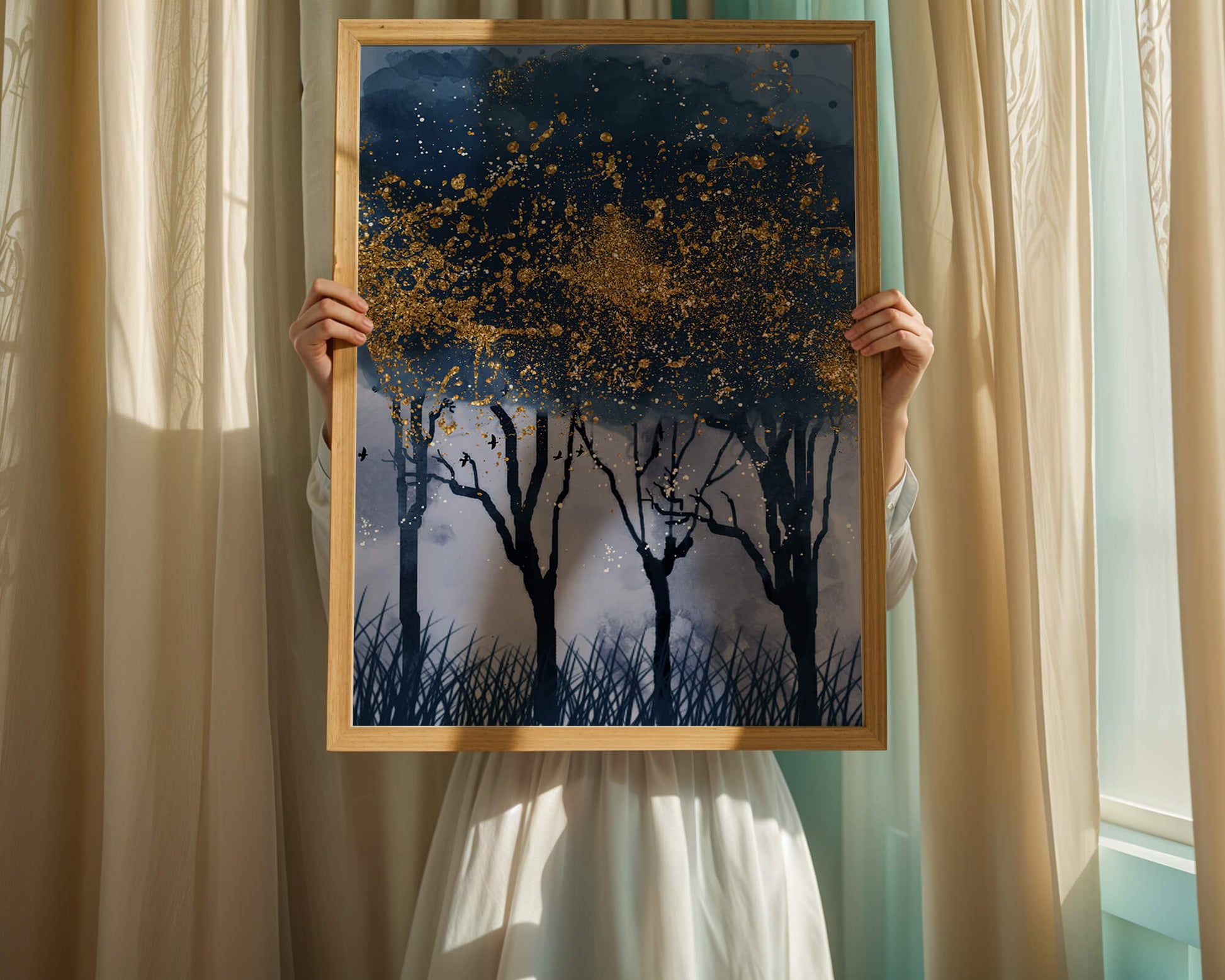 Mystical forest landscape with gold splatter art