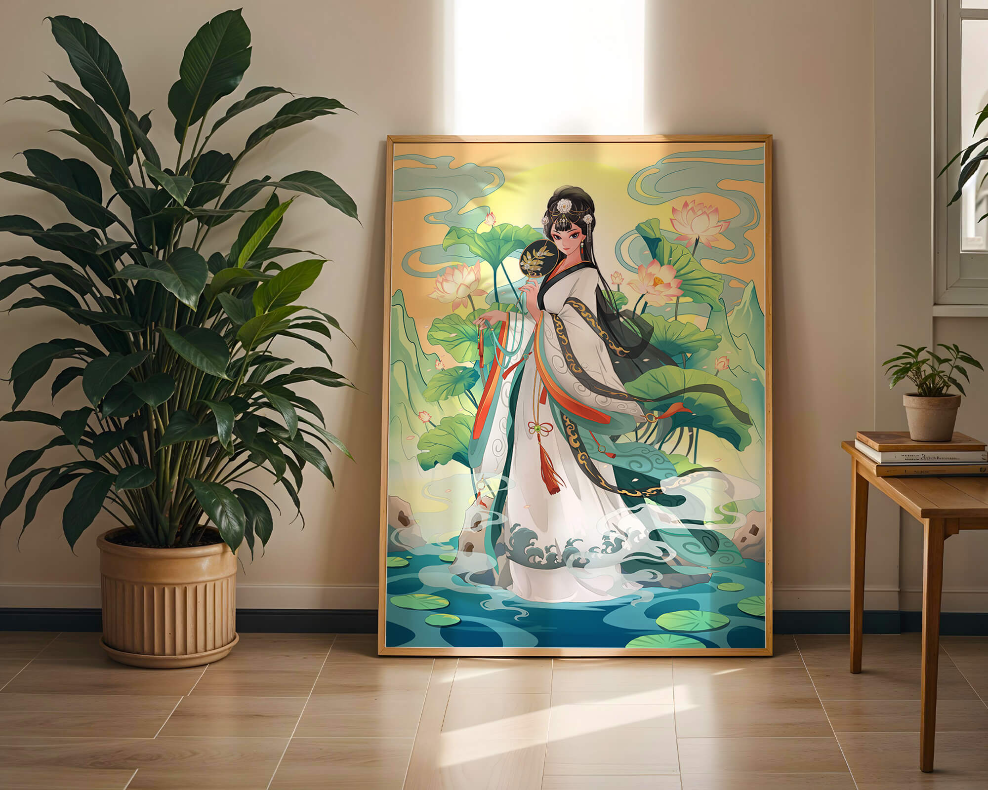 Elegant woman in traditional attire with lotus flowers and serene backdrop