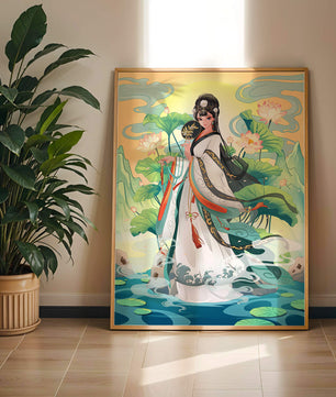 Femme élégante en tenue traditionnelle avec des fleurs de lotus et un décor serein