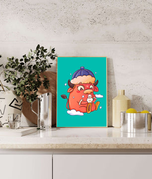 Winter cow cartoon with snowman on turquoise background