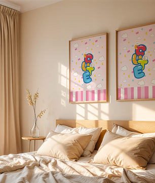 Playful pastel illustration with cute characters and clouds