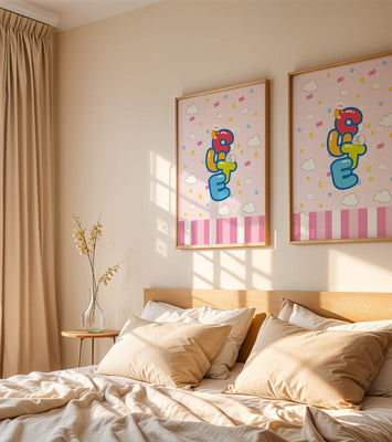 Playful pastel illustration with cute characters and clouds