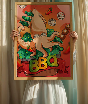 Calamar a la parrilla estilo caricatura peculiar con vegetales