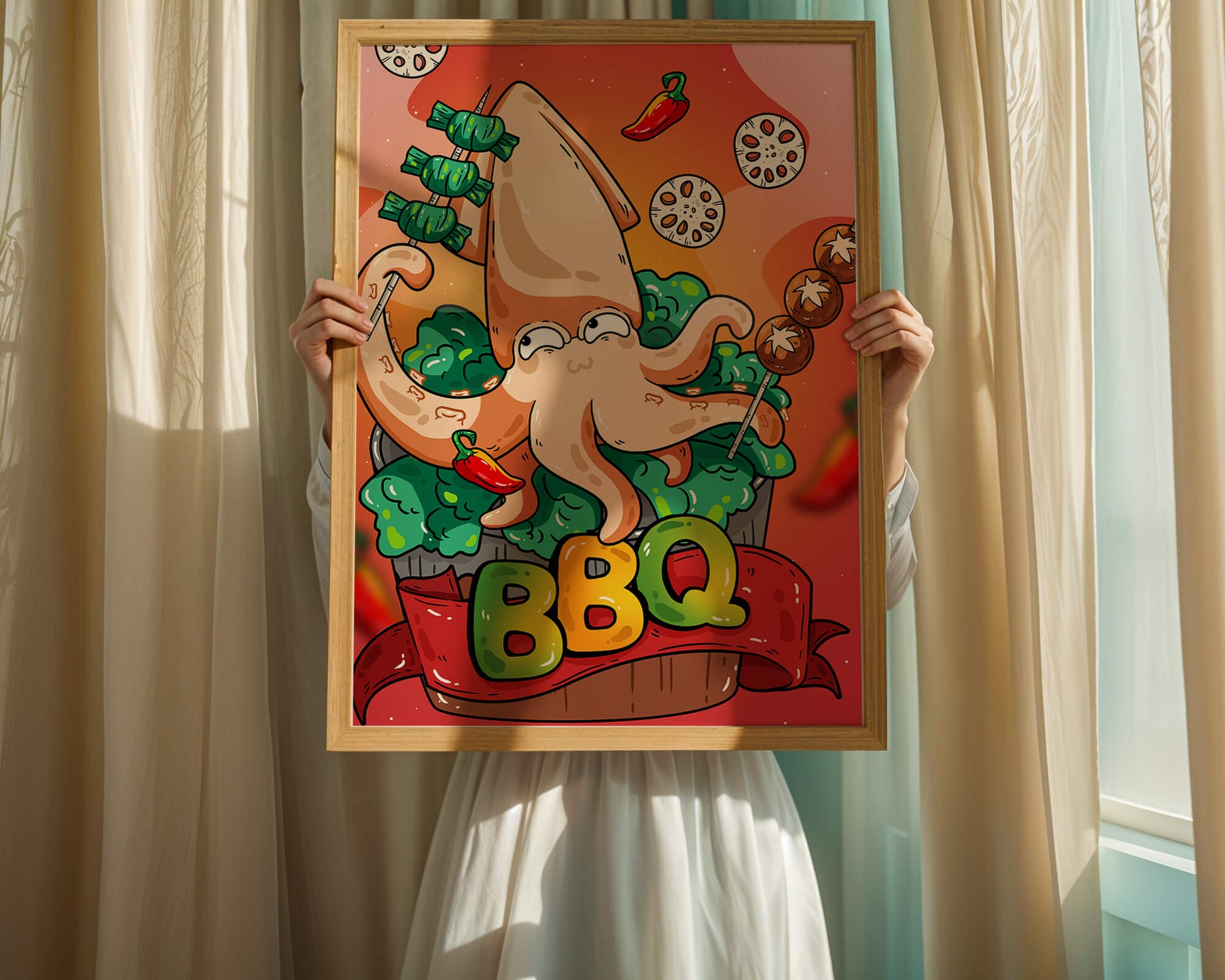 Quirky Cartoon Squid BBQ with Vegetables