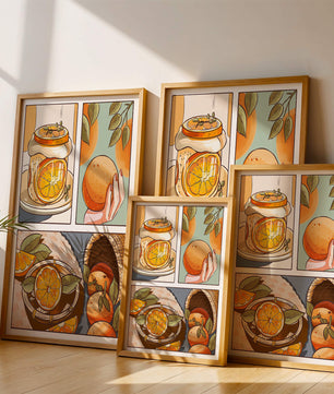 Ilustración colorida de naranjas y conservas con canasta