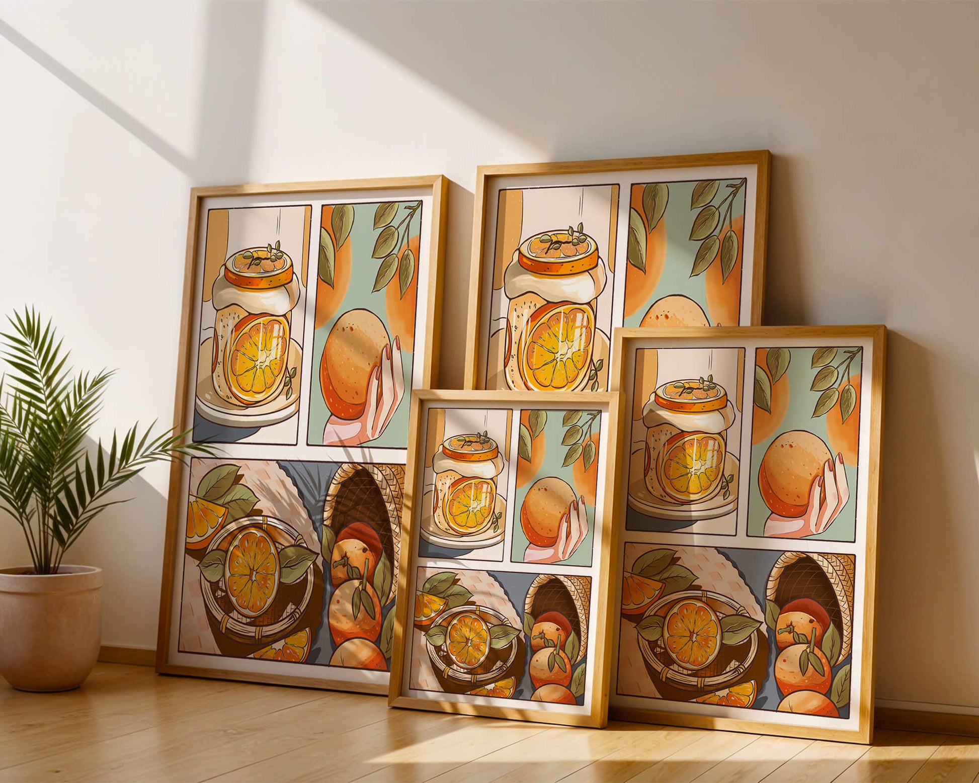 Ilustración colorida de naranjas y conservas con canasta