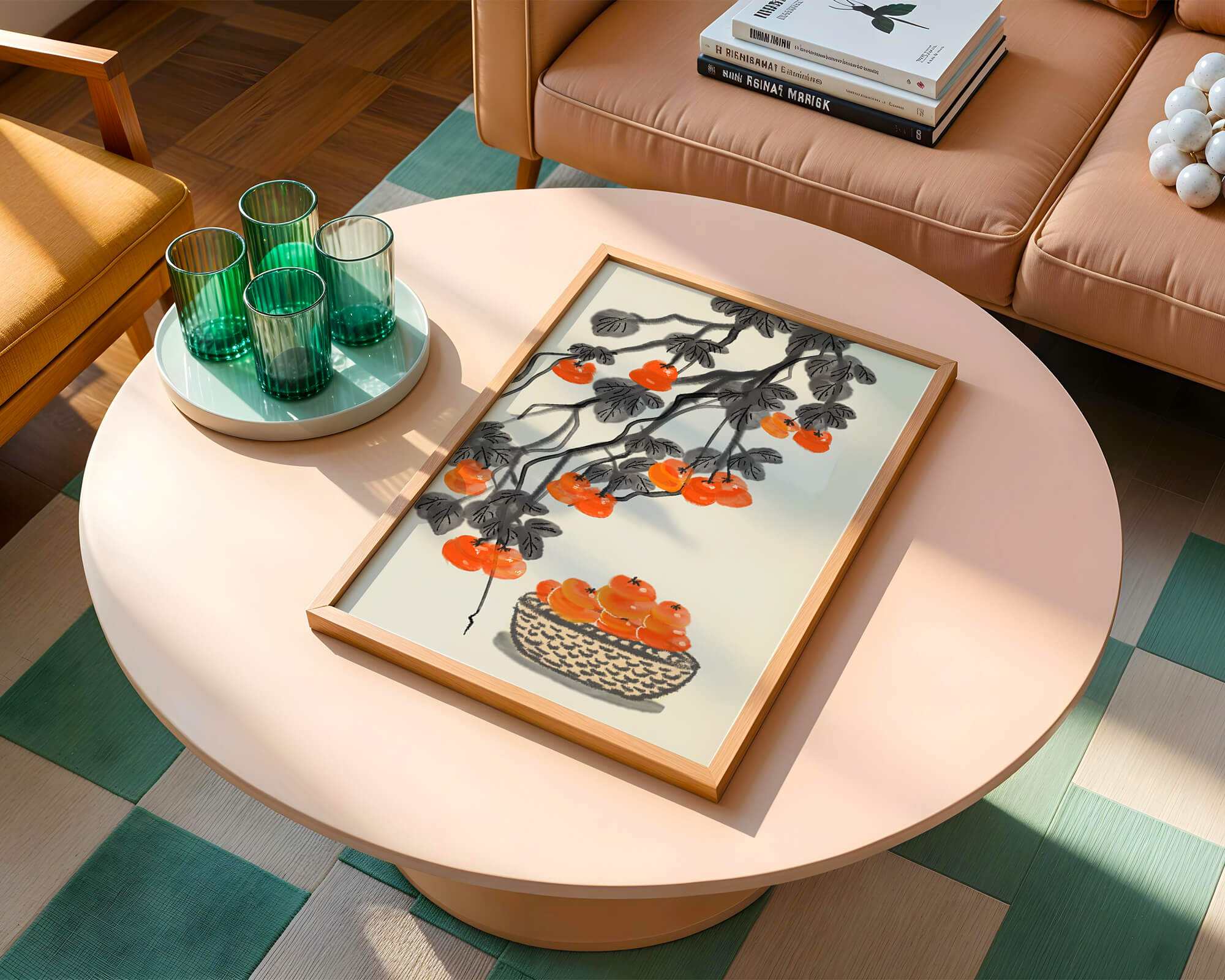 Artistic depiction of hanging persimmons with basket on watercolor canvas