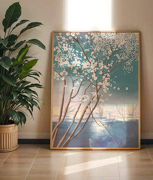 Paisaje sereno con árbol en flor sobre la reflexión del agua tranquila