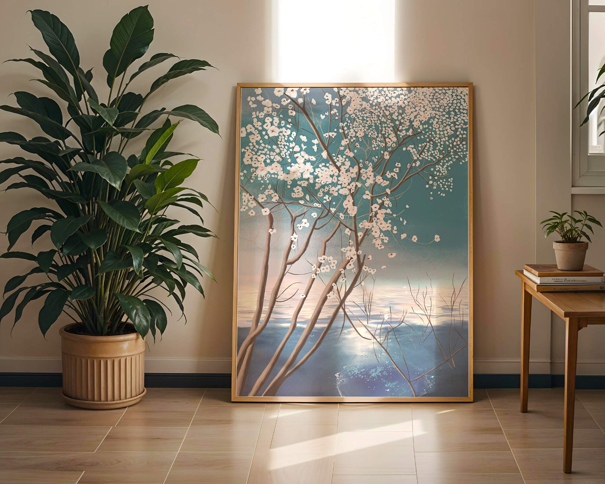 Serene landscape with blossoming tree over calm water reflection