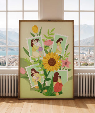 Ilustración de momentos familiares con fondo floral vibrante