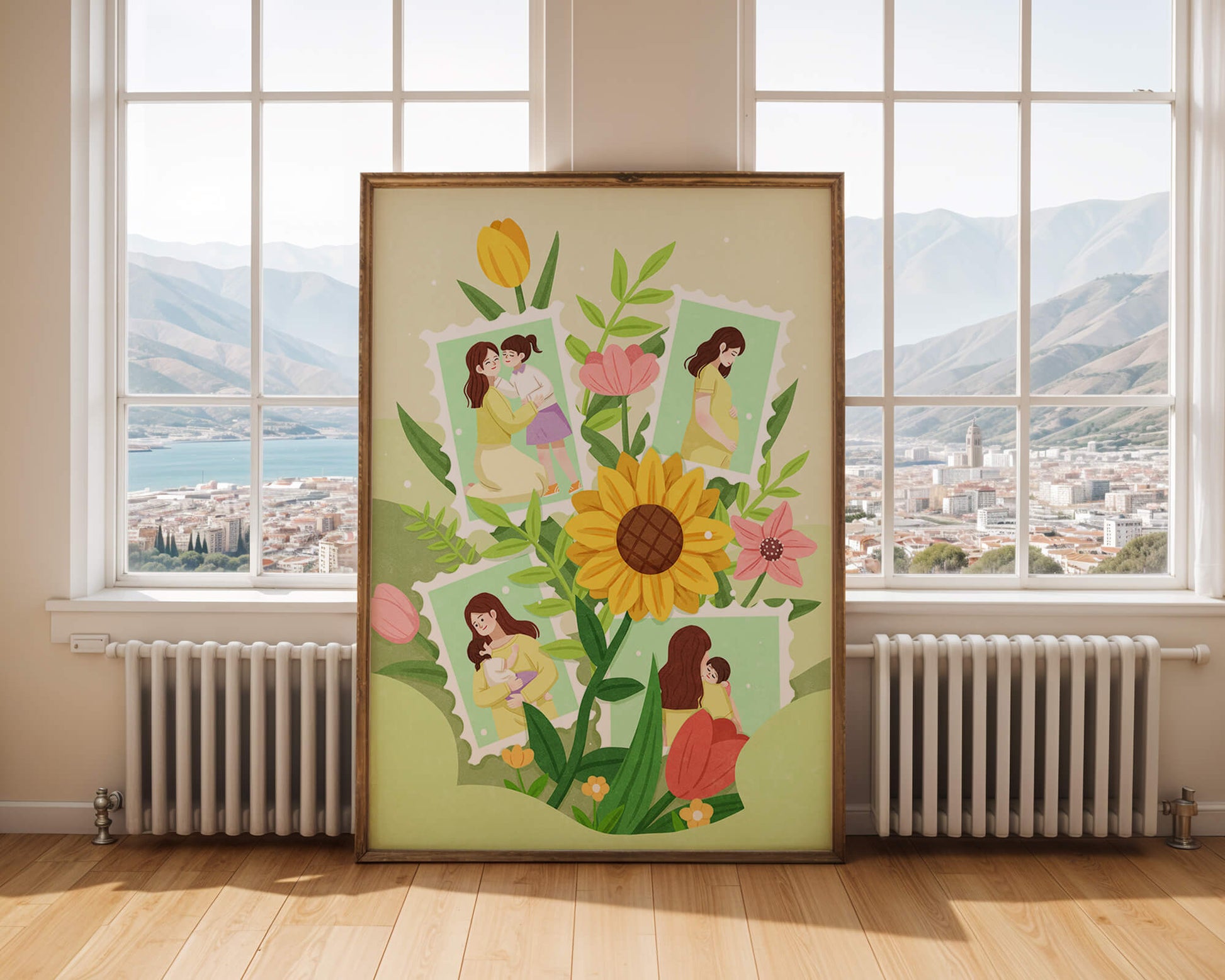 Ilustración de momentos familiares con fondo floral vibrante