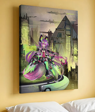 Cyberpunk-Anime-Figur im futuristischen Stadtbild 