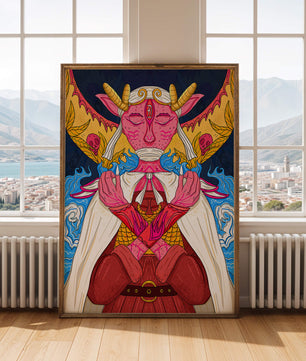 Surreal illustration of a mystical creature with golden horns and vibrant elements