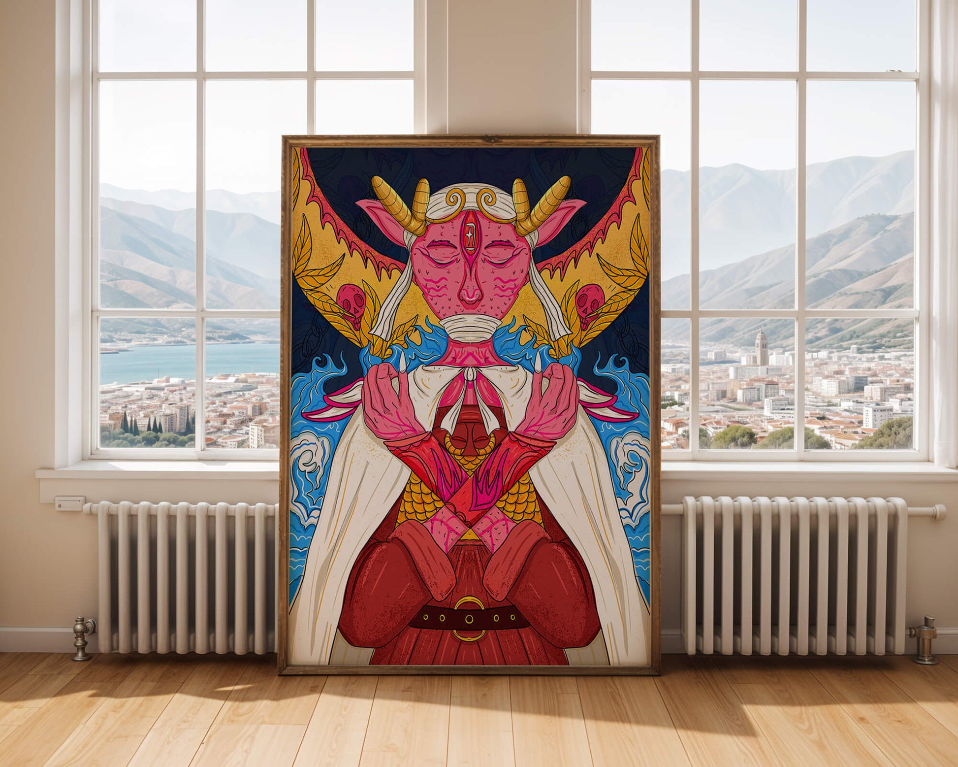 Surreal illustration of a mystical creature with golden horns and vibrant elements
