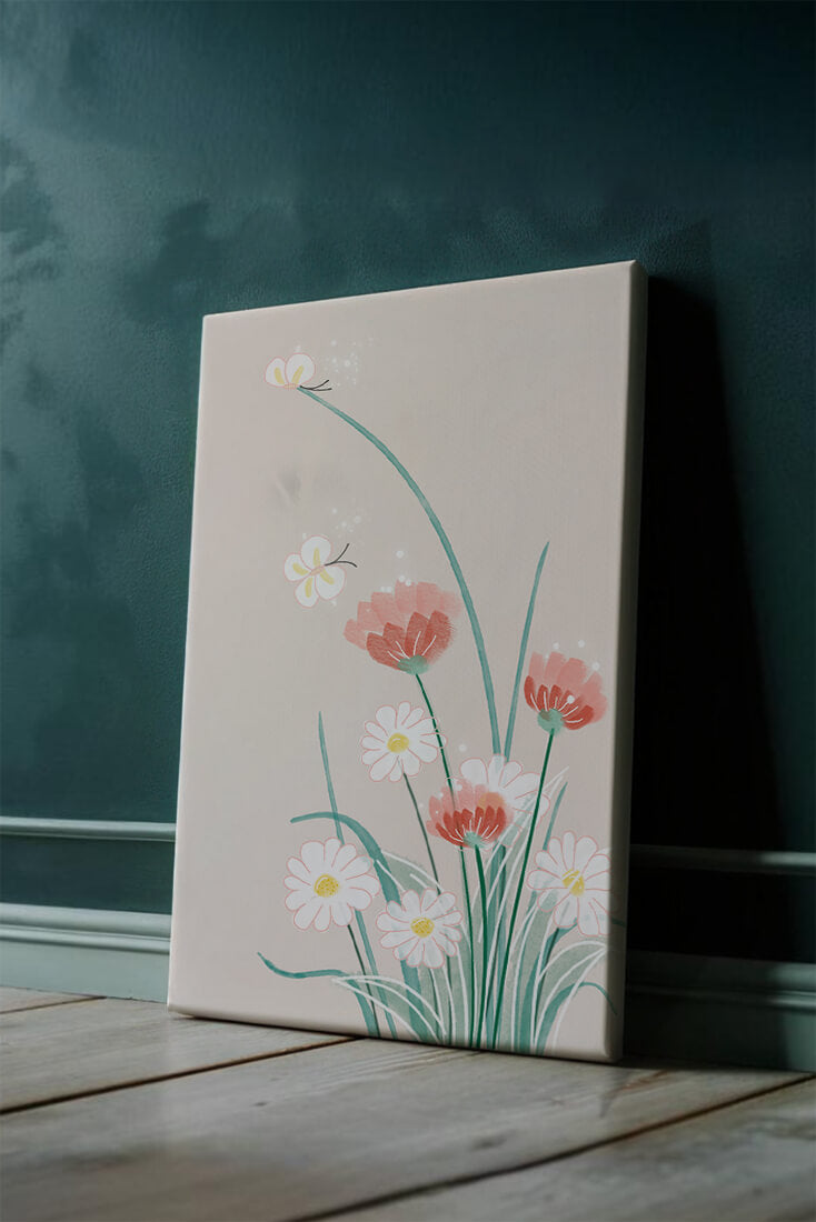 Delicate floral illustration with butterflies and wildflowers