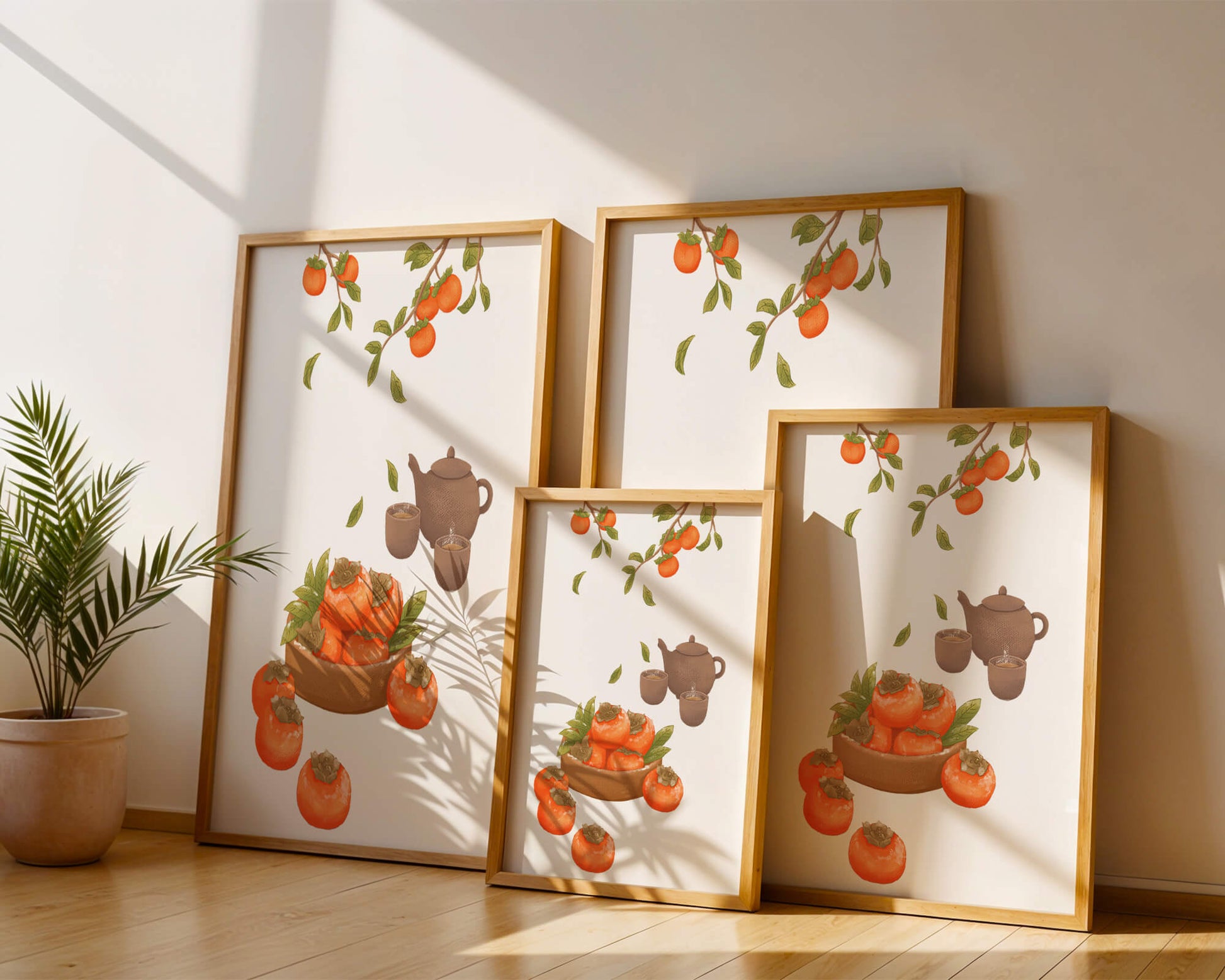 Cozy tea setting with persimmons and branches