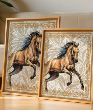 Elegant horse illustration with ornate golden frame