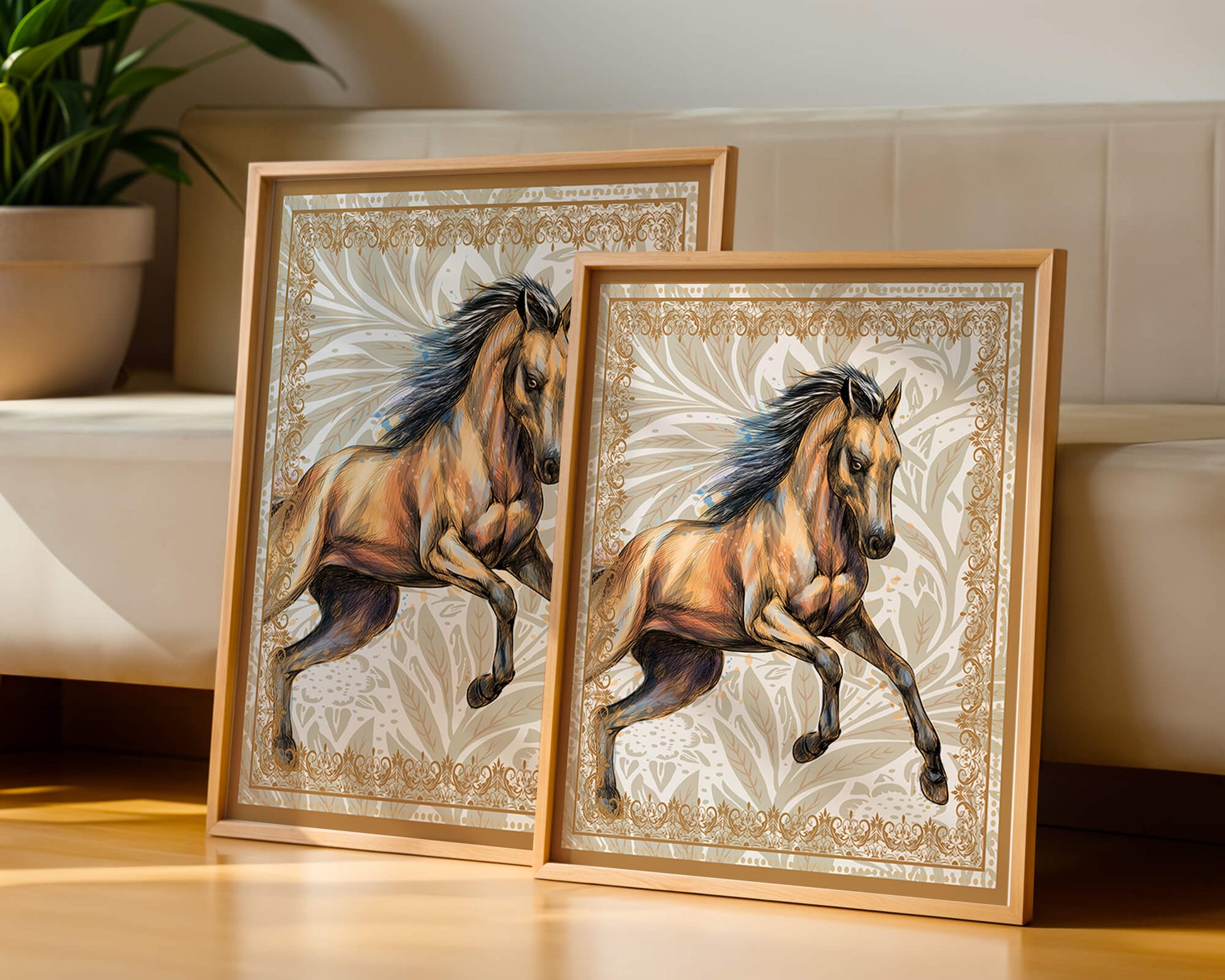 Elegant horse illustration with ornate golden frame