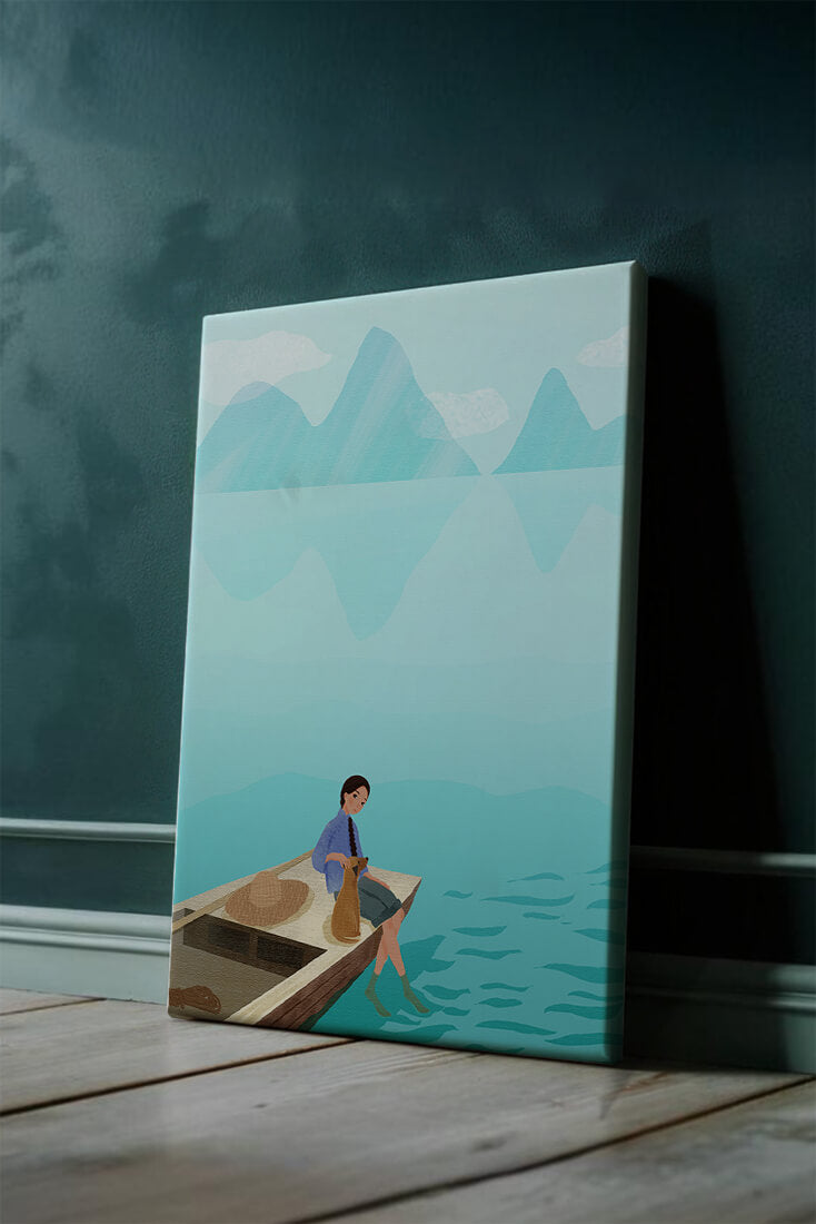 Serene scene with woman and dog on a boat by tranquil waters