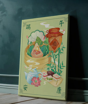 Illustration de nourriture festive chinoise mettant en scène des zongzi traditionnels et un service à thé