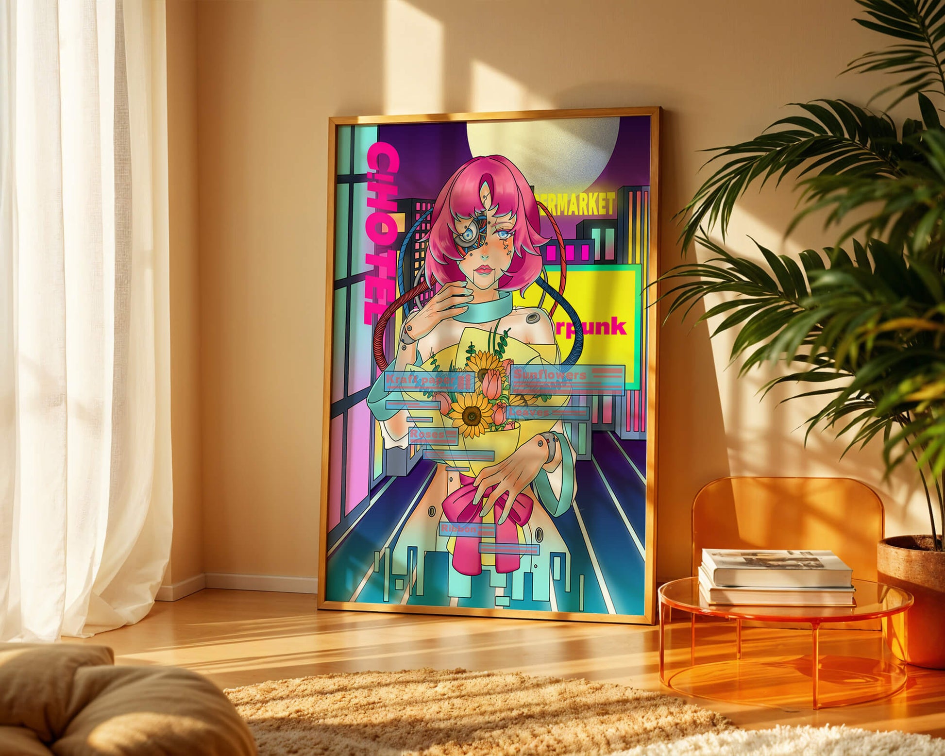 Futuristic cyberpunk woman with a bouquet of flowers in a neon cityscape