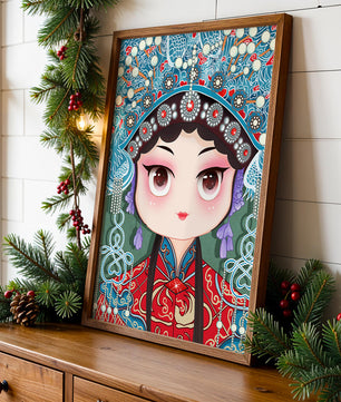 Cute Cartoon Character in Traditional Chinese Clothing with Intricate Headpiece