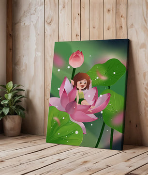 Charming fairy sitting on a blooming pink lotus in a magical garden
