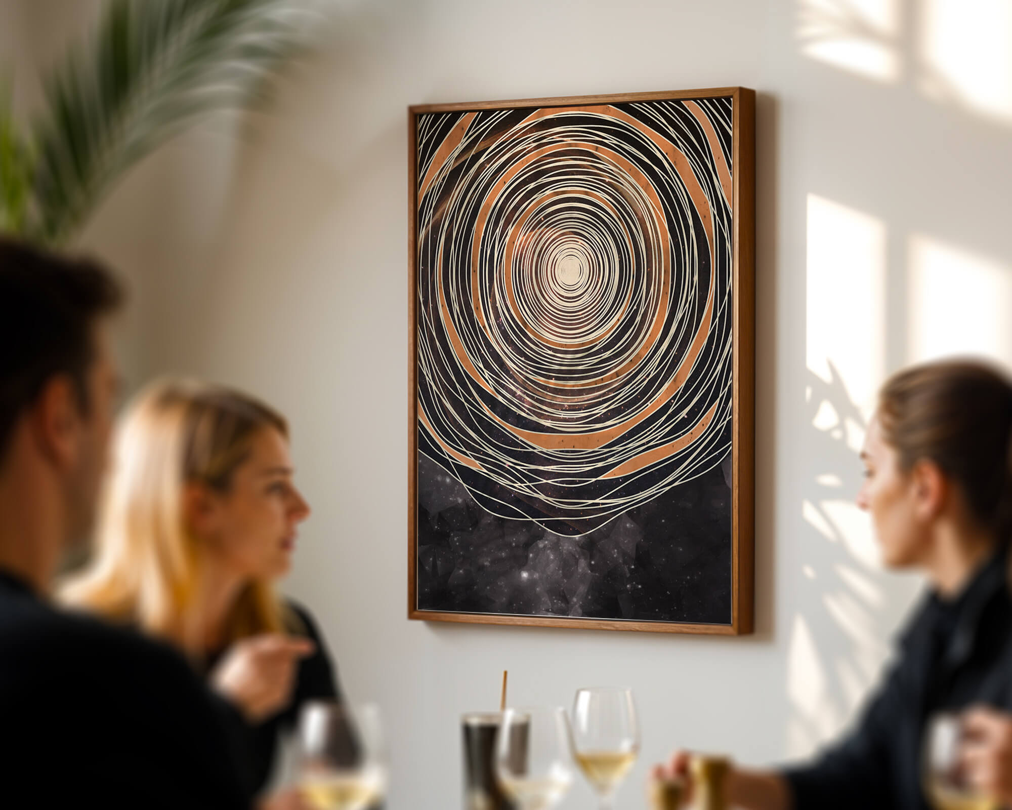 Abstract cosmic spiral with concentric oval patterns and starry background